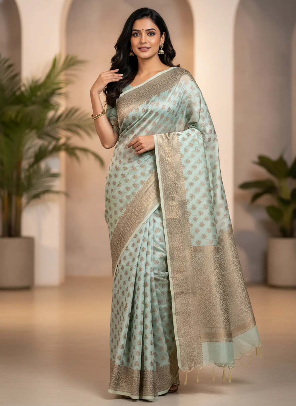 Ice Blue Banarasi Kota Silk Zari Weaved Saree